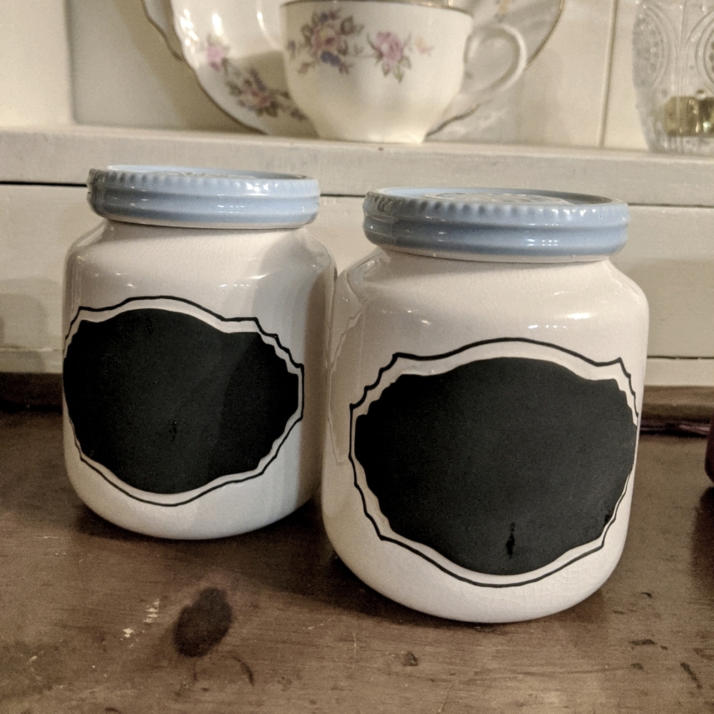 Two Anthropologie Chalkboard Biscuit Jars